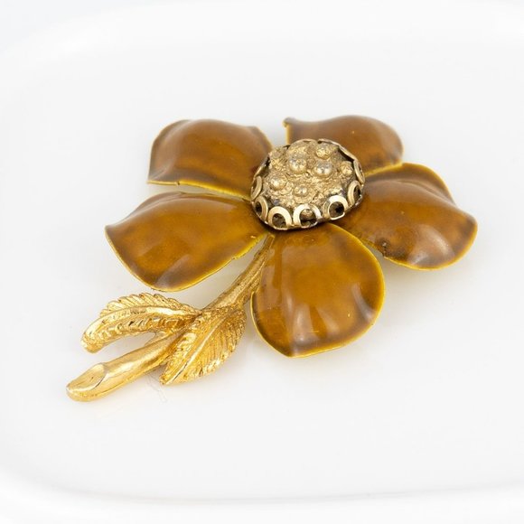 Vintage Flower Brooch Mustard Yellow Brown Gold Tone Metal Stem Leaves Brooch - Picture 5 of 6